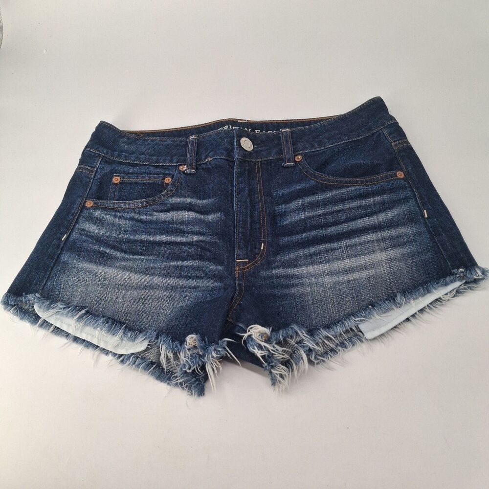 American Eagle Hi Rise Festival Denim Jean Cutoff Shorts Fringe Women Size 8